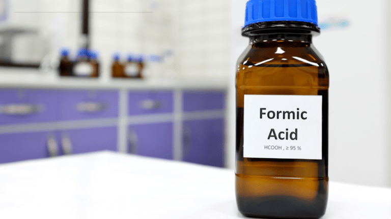 A formic acid bootle on a table